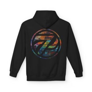 black hoodie with a multi color logo on the back