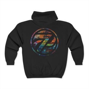 black zip up hoodie with color logo on back