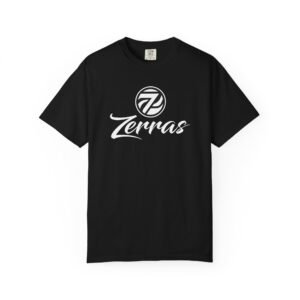 black t-shirt with a classic white zerras logo
