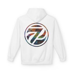 white hoodie with a multicolor logo on the back