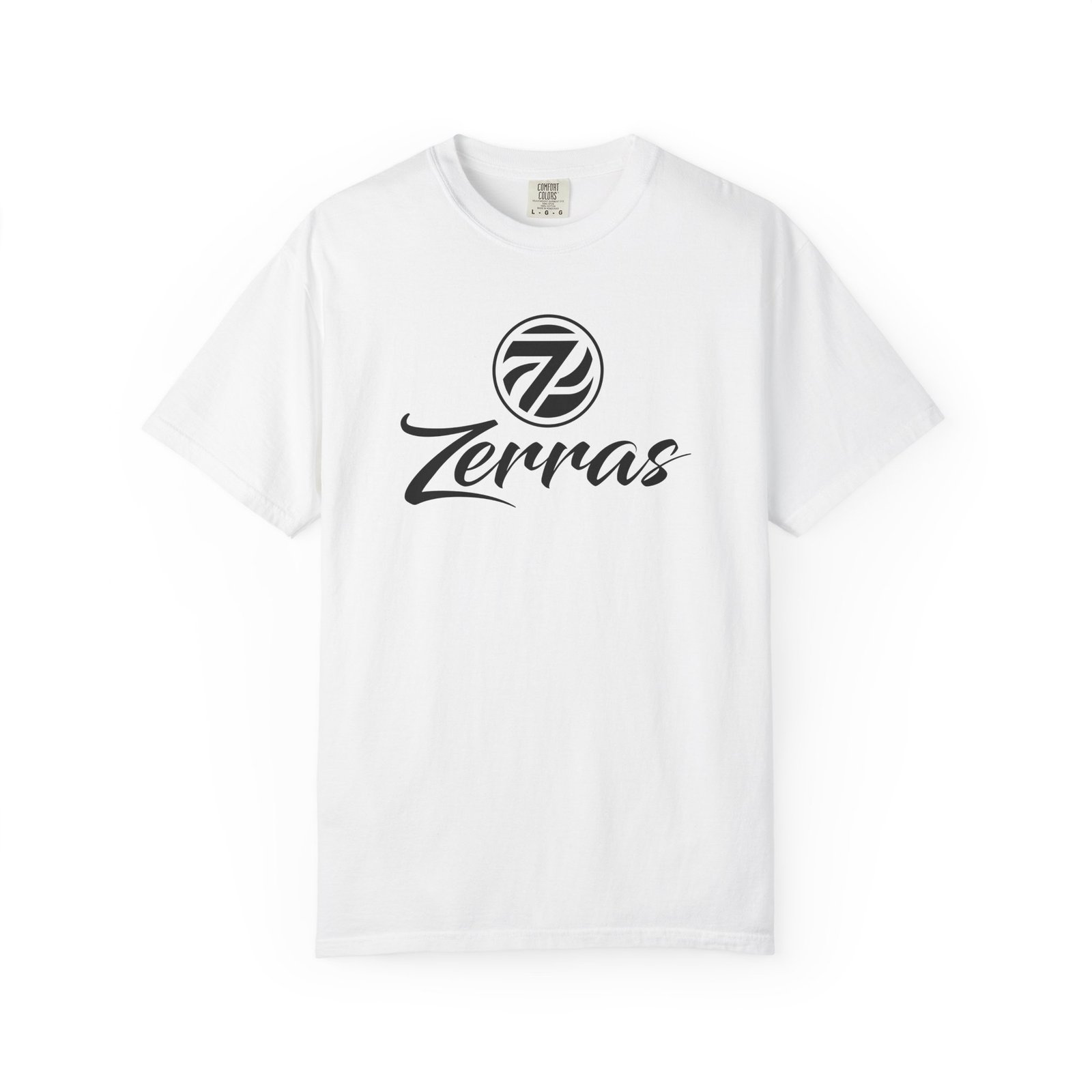 zerras classic logo tee white tee with a black classic zerras logo
