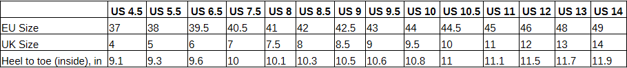 sizing chart for mens high tops