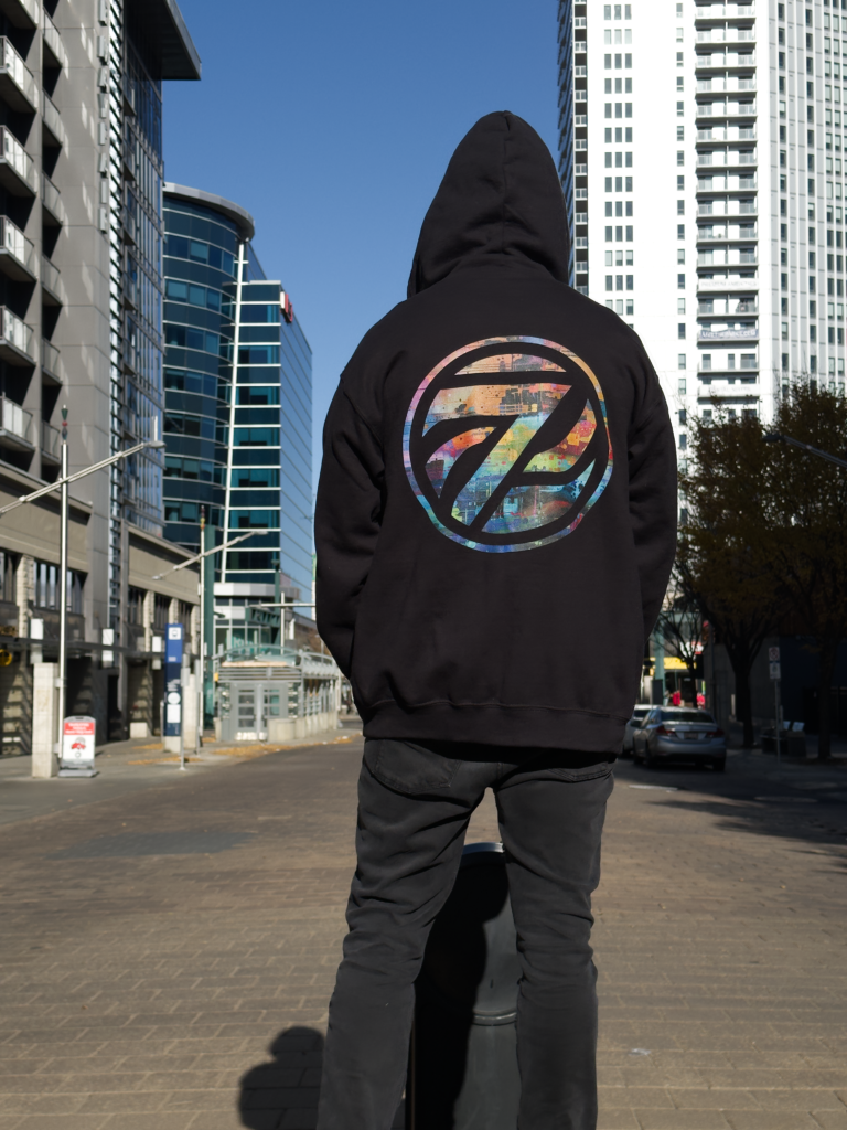 graffiti colored zerras logo on back of hoodie